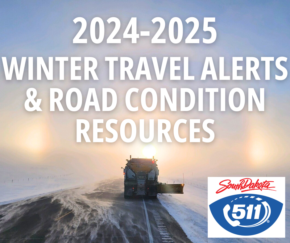 2024 - 2025 winter travel alerts and road conditions information link. image of snowplow clearing a road with sundogs overhead.